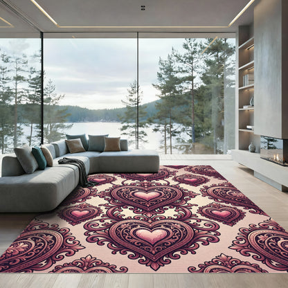 Romantic Pink Heart Medallion Baroque Rug