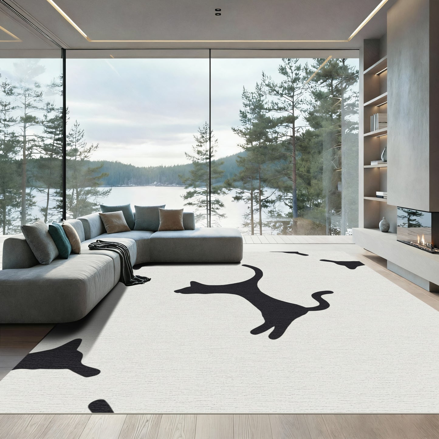 Black Silhouette Cats Repeating Fun Composition Rug