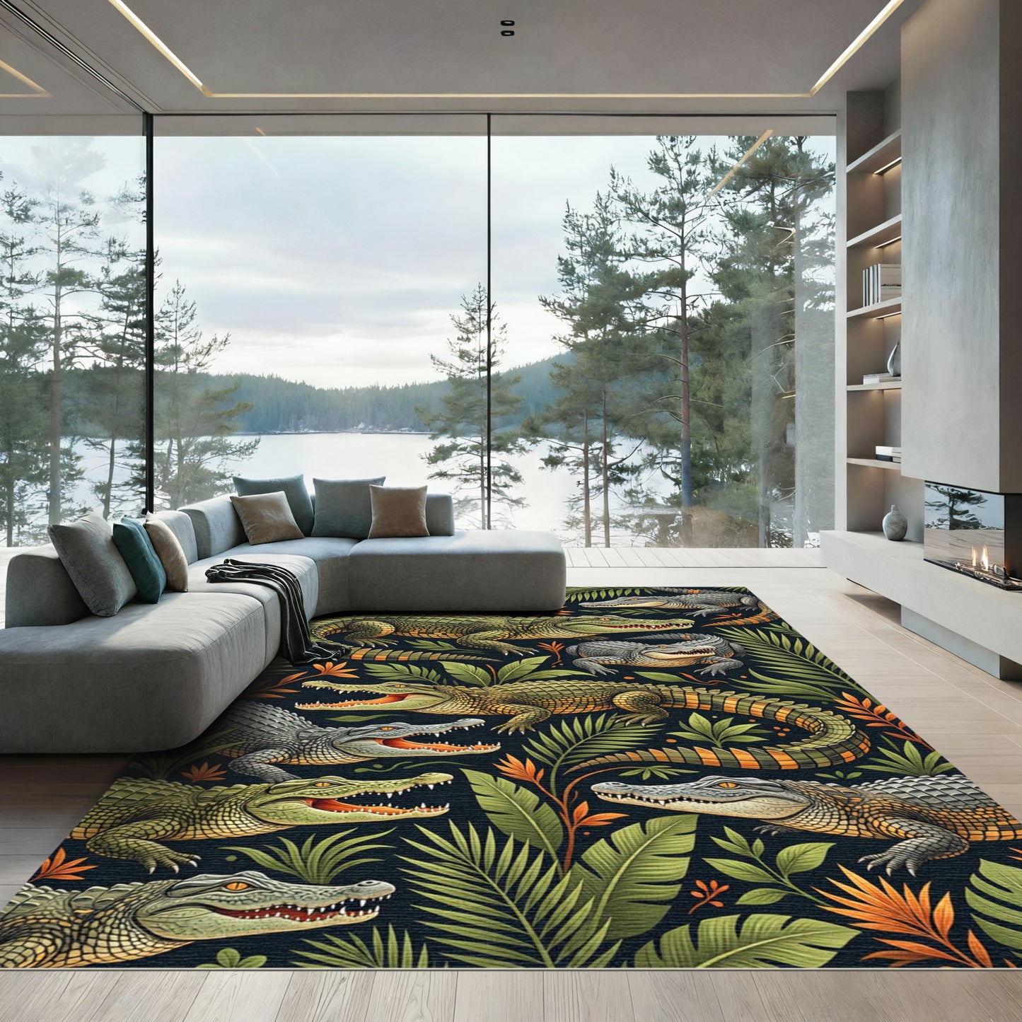 Lush Tropical Alligator Jungle Foliage Rug