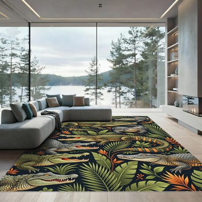 Lush Tropical Alligator Jungle Foliage Rug
