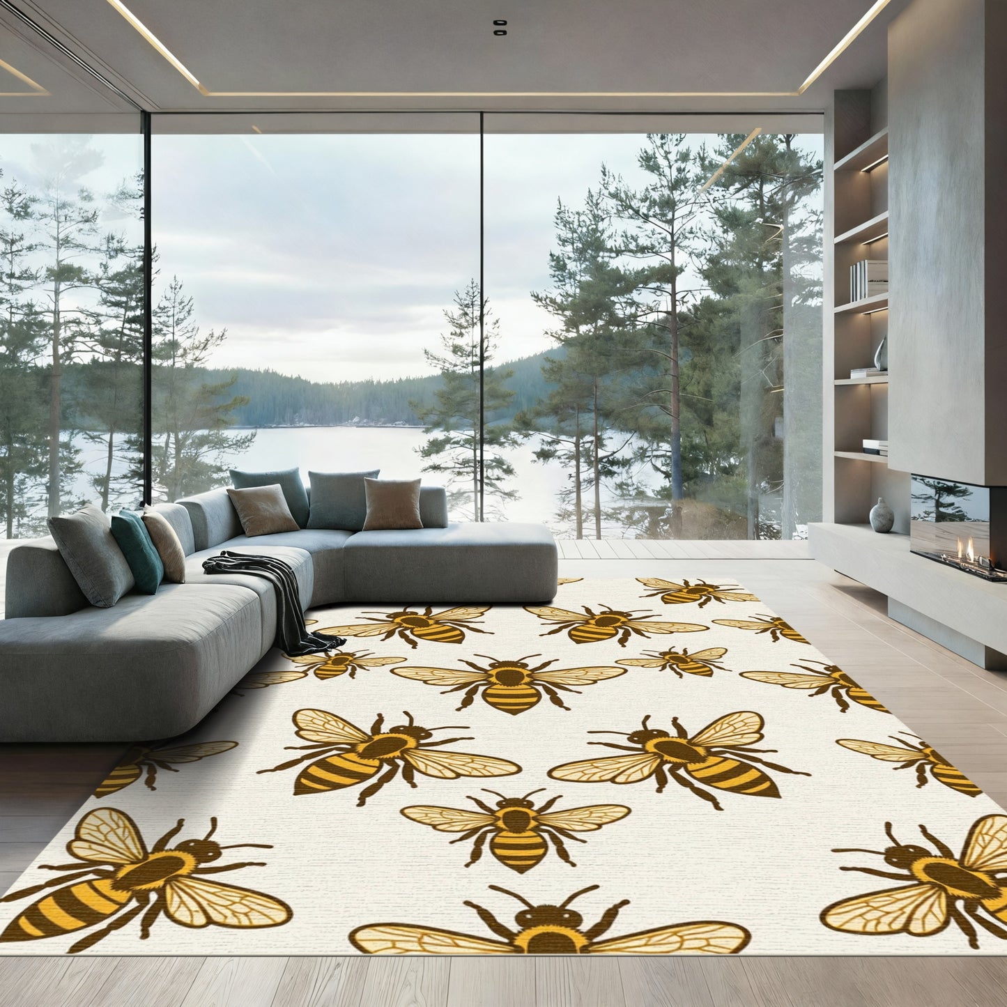 Cheerful Golden Honey Bee Illustration Rug