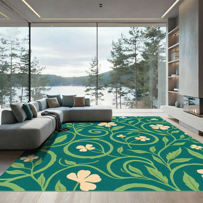 Teal Cream Floral Vine Swirls Rug