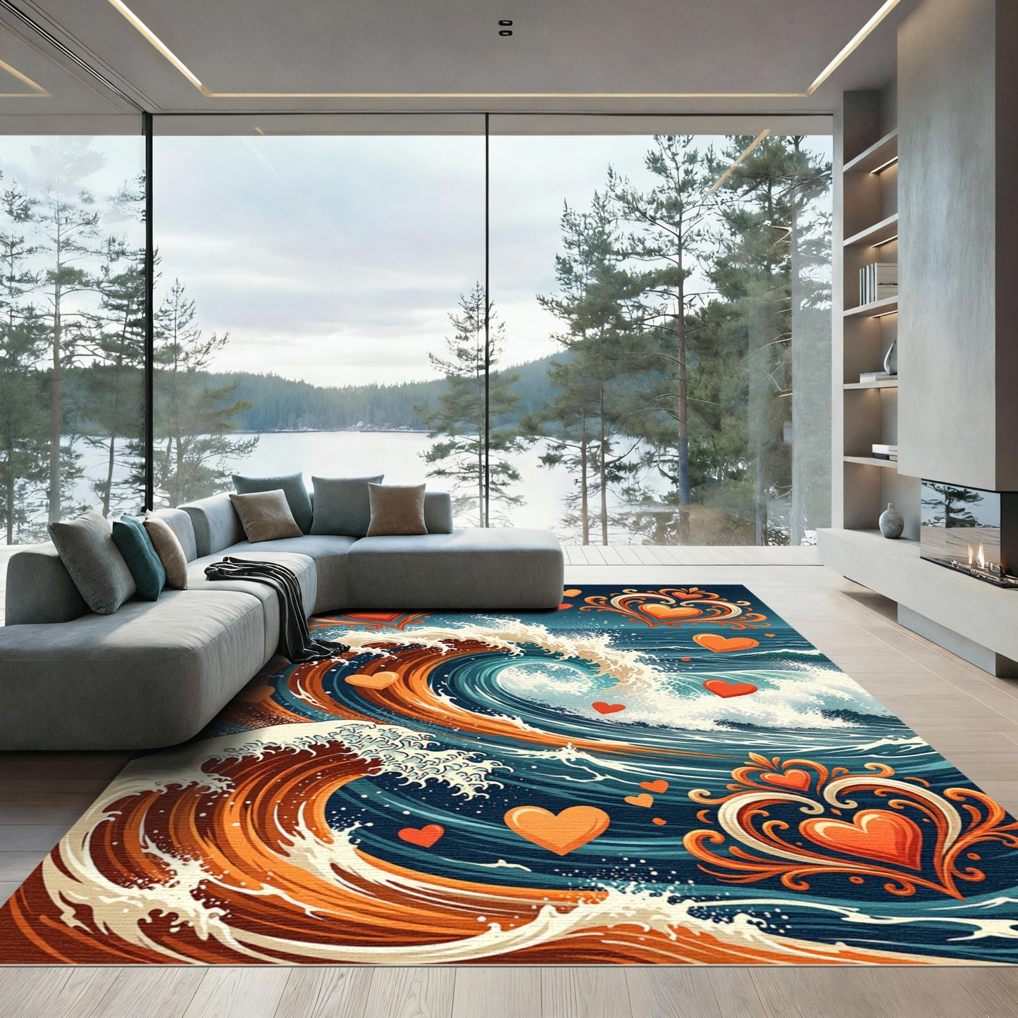 Coral Heart Swirl Ocean Waves Rug