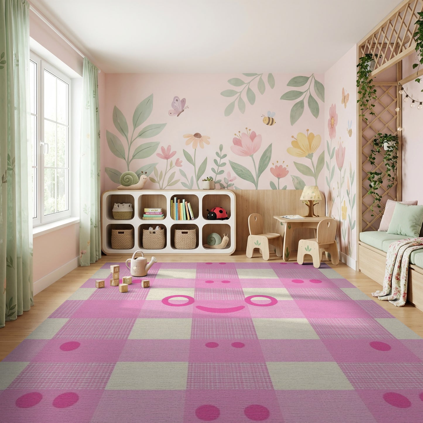 Pink White Gingham Kawaii Faces Rug