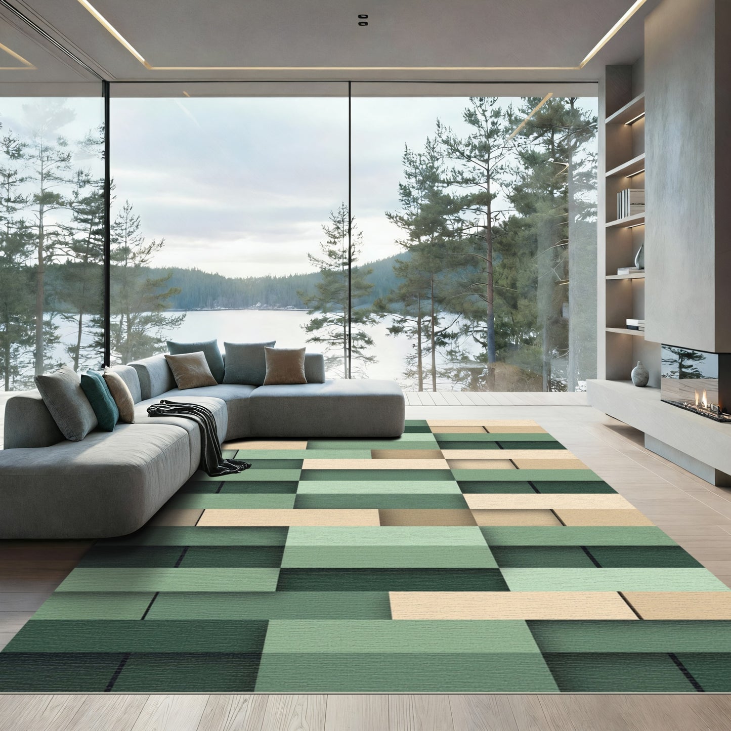Modern Green and Beige Block Grid Rug