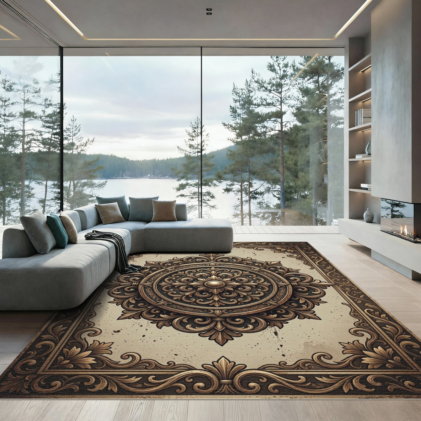 Elegant Bronze Filigree Ornate Medallion Rug
