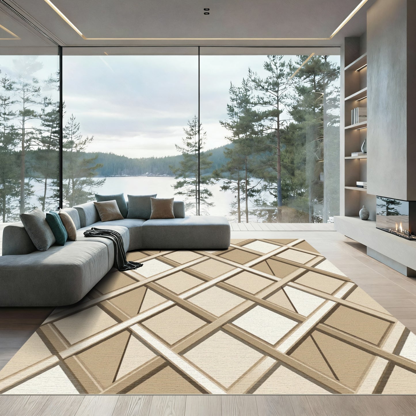 Neutral Beige Intersecting Lattice Geometric Rug