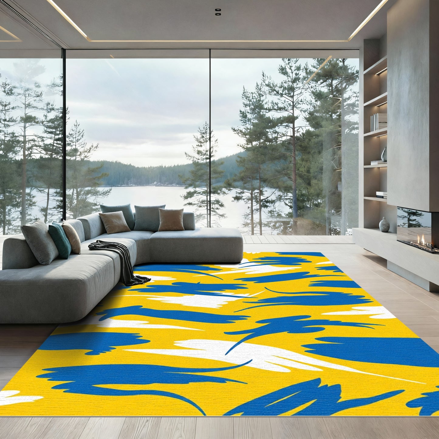 Vibrant Yellow Blue White Brushstrokes Rug