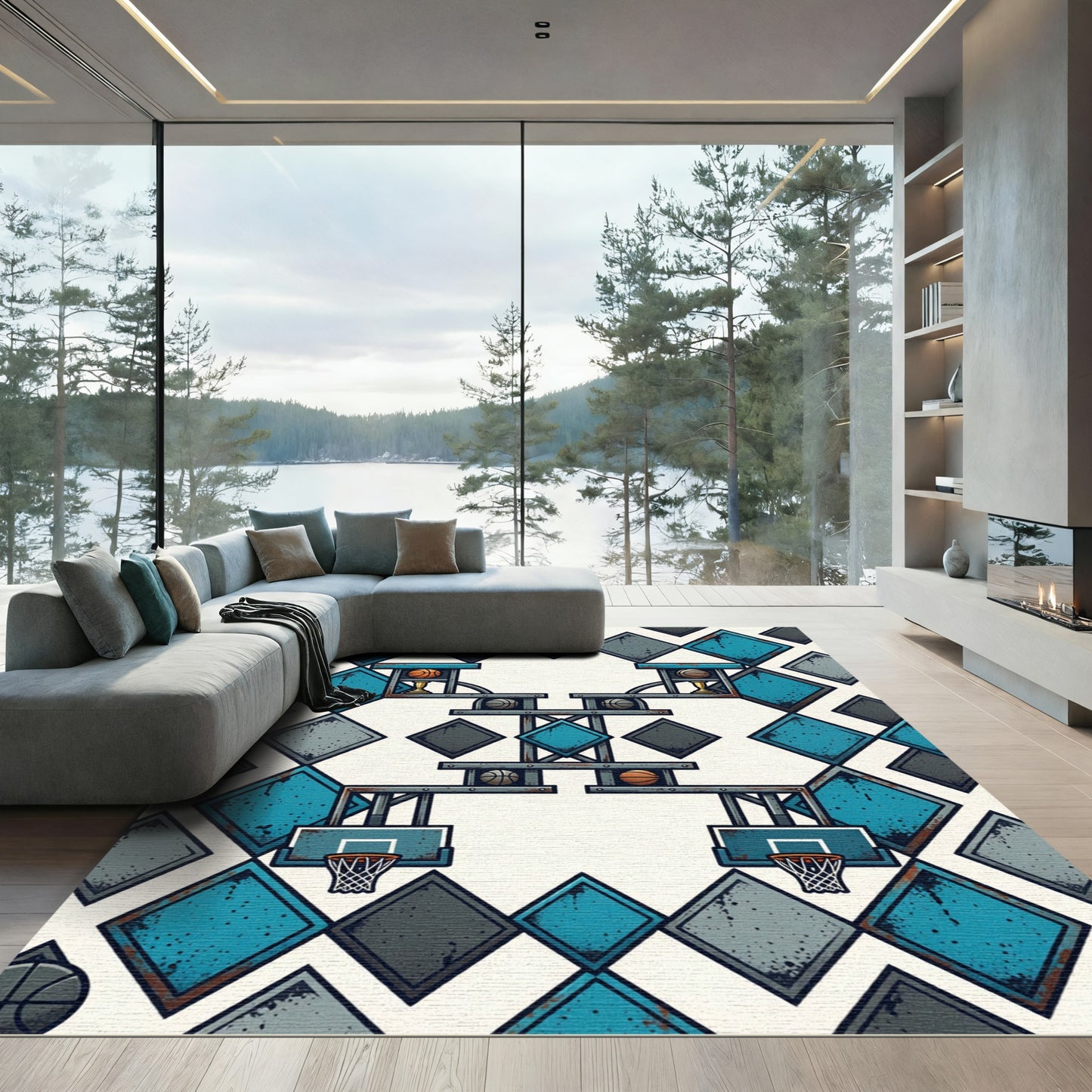 Industrial Teal Basketball Diamond Geometric Rug