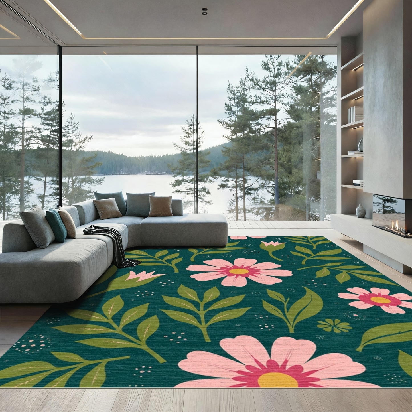 Pink Floral Green Leafy Botanical Rug
