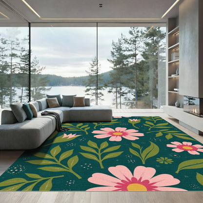 Pink Floral Green Leafy Botanical Rug