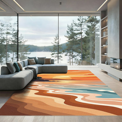 Sunset Beach Waves Warm Tones Rug