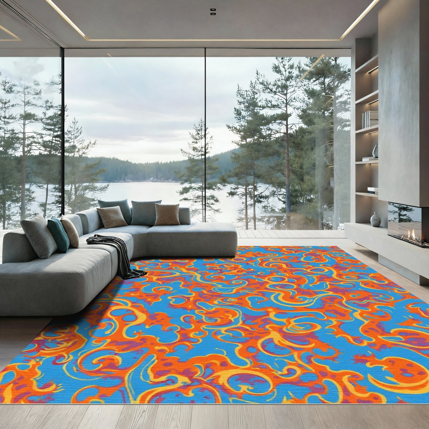 Blue Orange Yellow Swirls Rug
