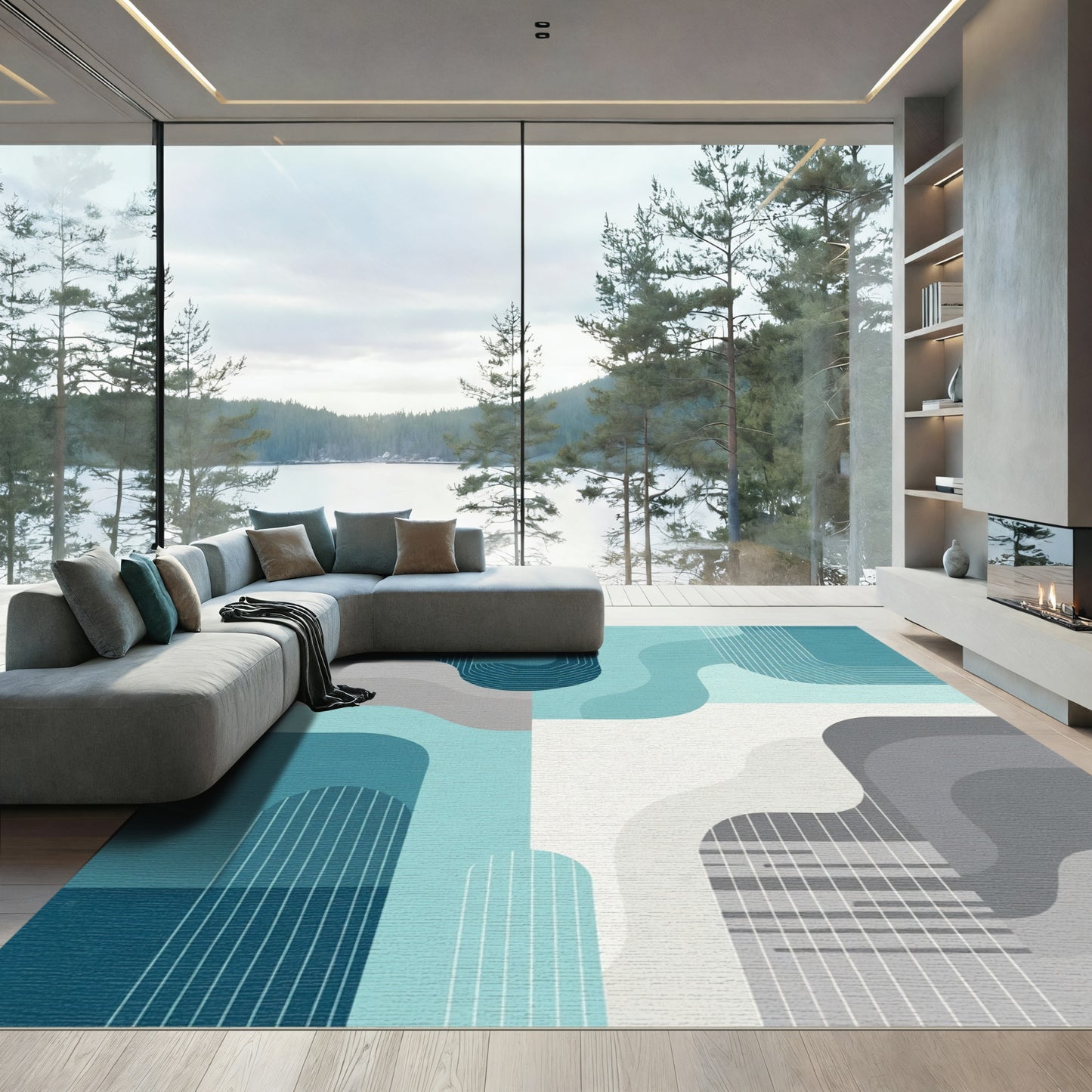 Aqua Teal Abstract Wavy Geometric Rug