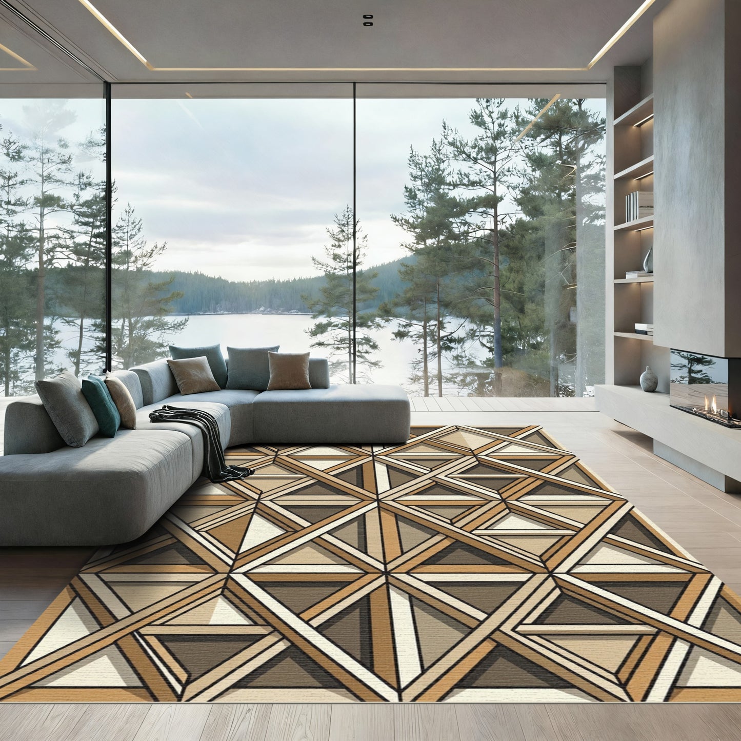 Geometric Neutral Tones Lattice Framed Square Rug