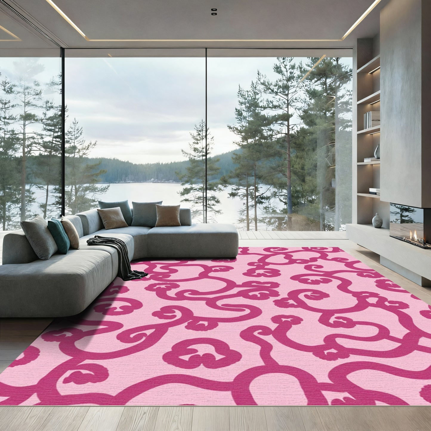Fuchsia Swirl Floral Pink Background Rug
