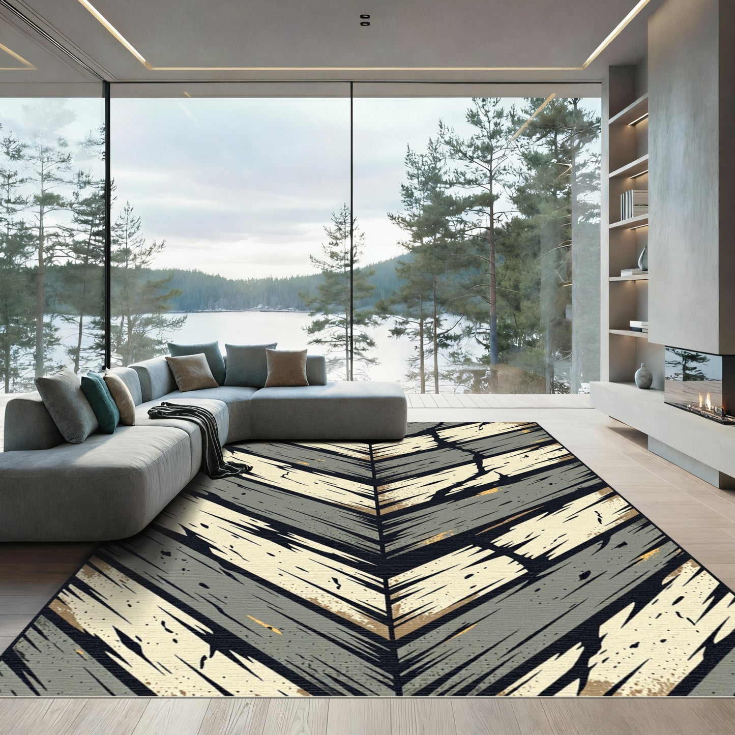 Modern Gray Beige Chevron Wood Plank Rug