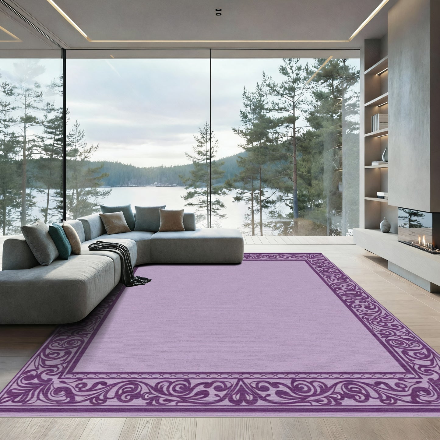 Ornate Purple Scrollwork Border Rug