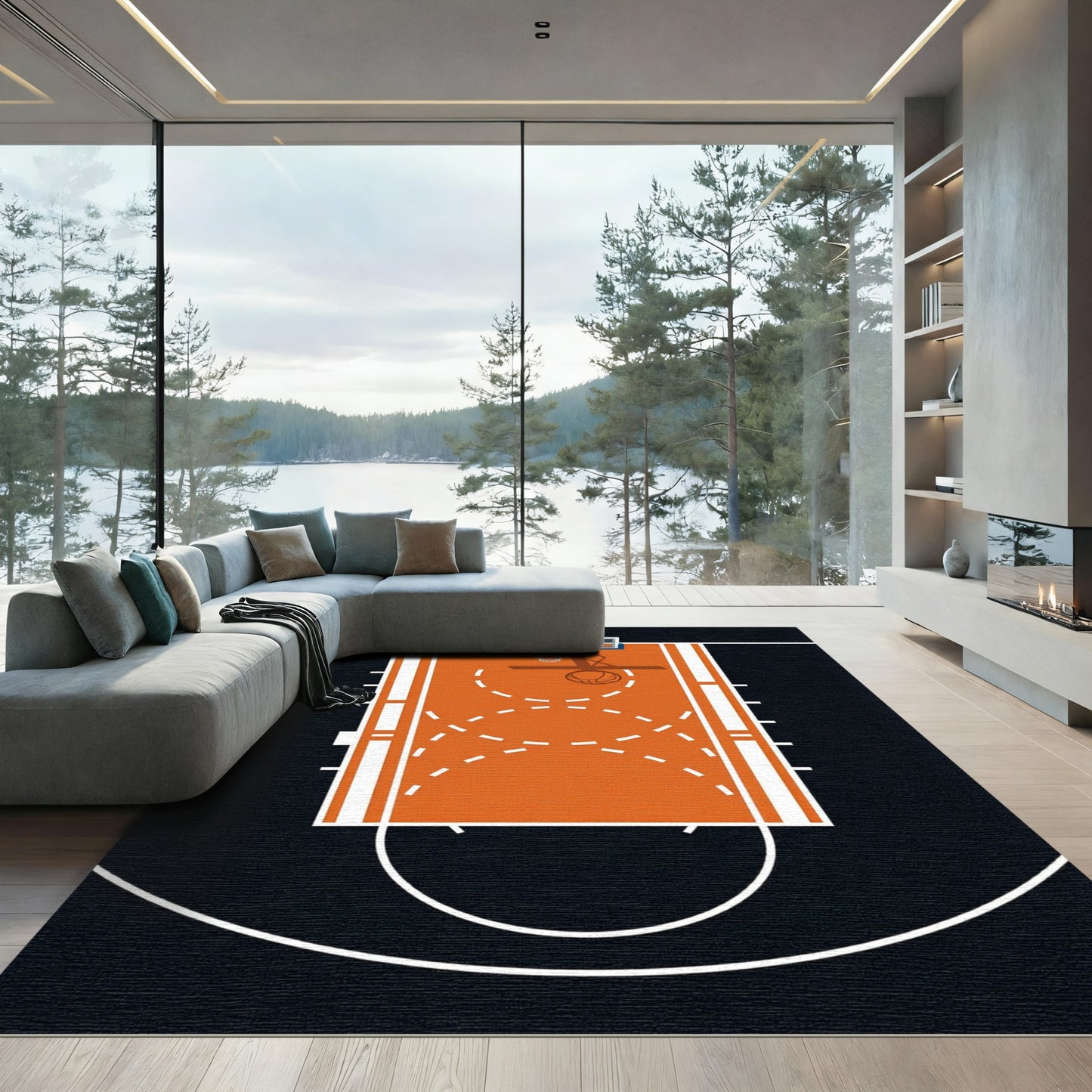 Minimalist Orange Basketball Court Illustration Rug