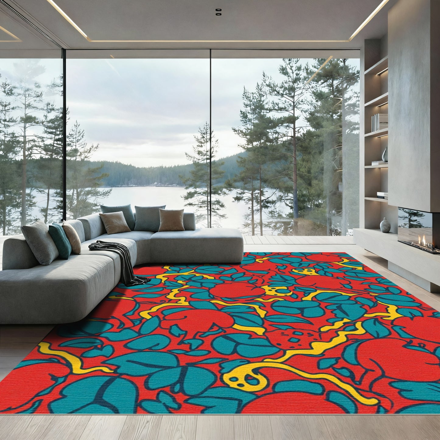 Crimson Red Floral Vine Arrangement Rug