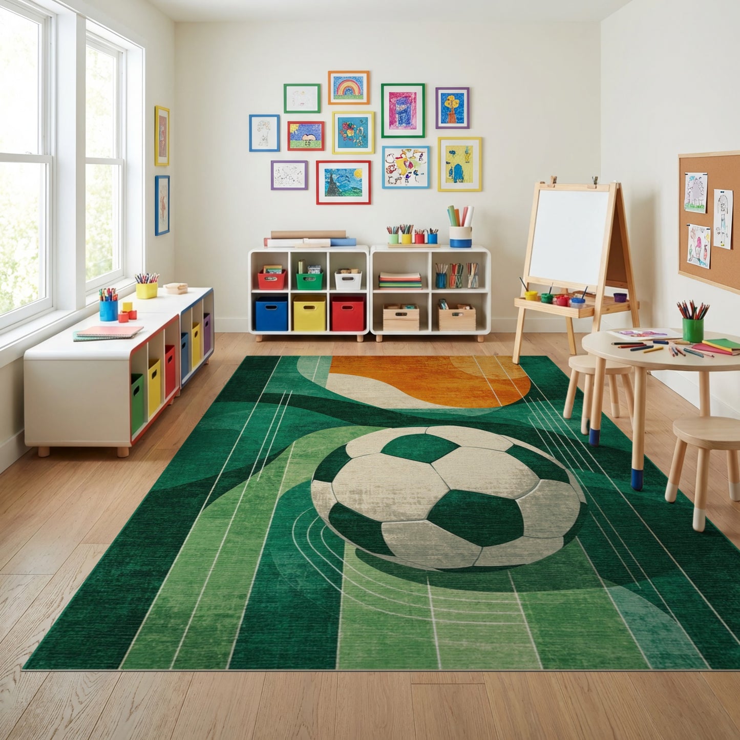 Retro Green Orange Soccer Ball Rug