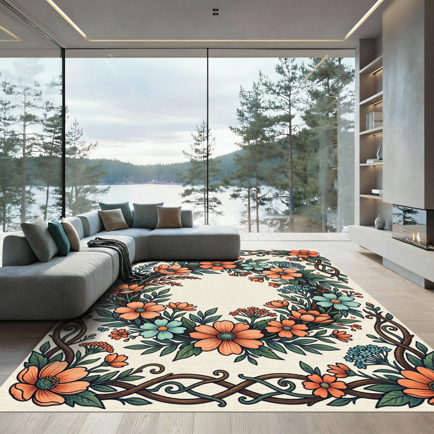 Vibrant Coral Blue Floral Garland Rug