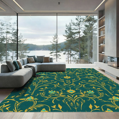 Teal Gold Floral Vine Accents Rug
