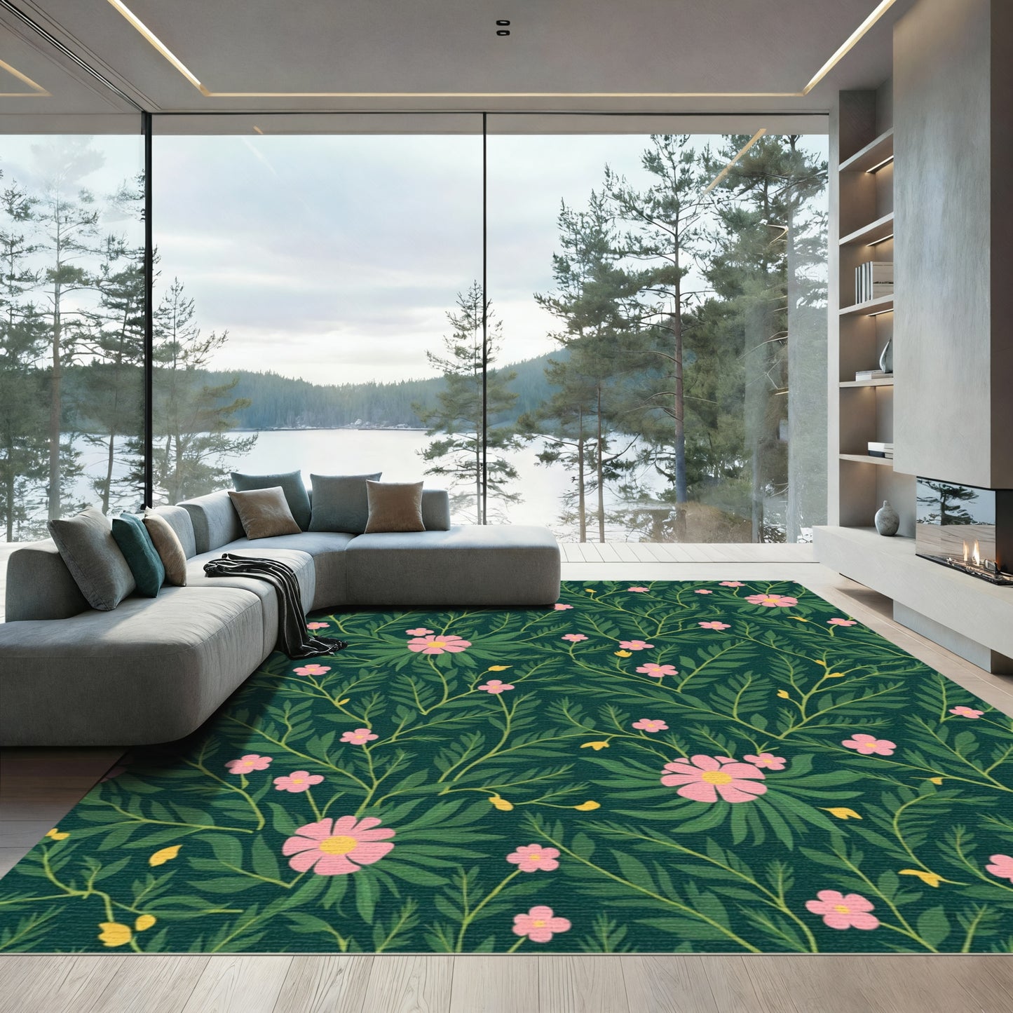 Dark Emerald Pink Floral Branch Rug