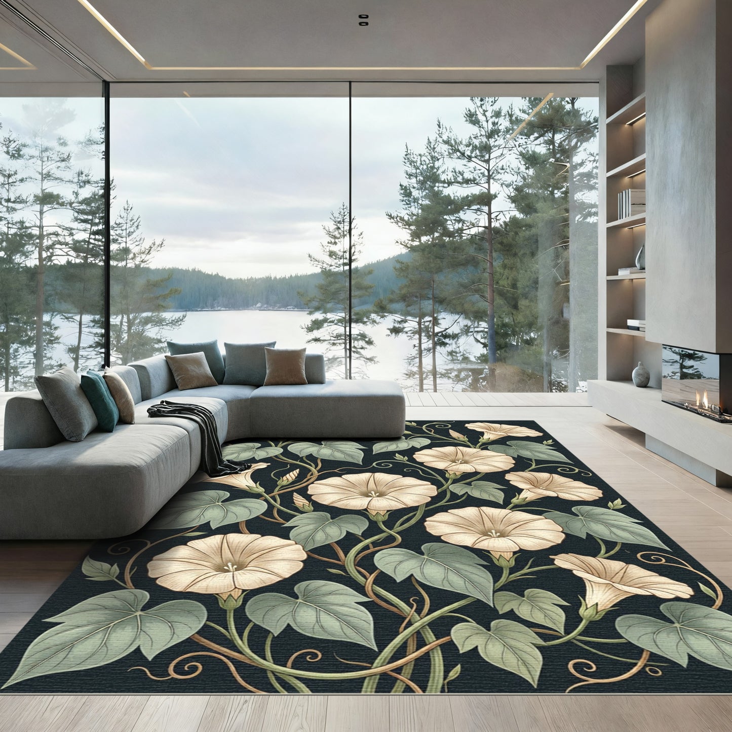 Cream Morning Glory Botanical Dark Rug