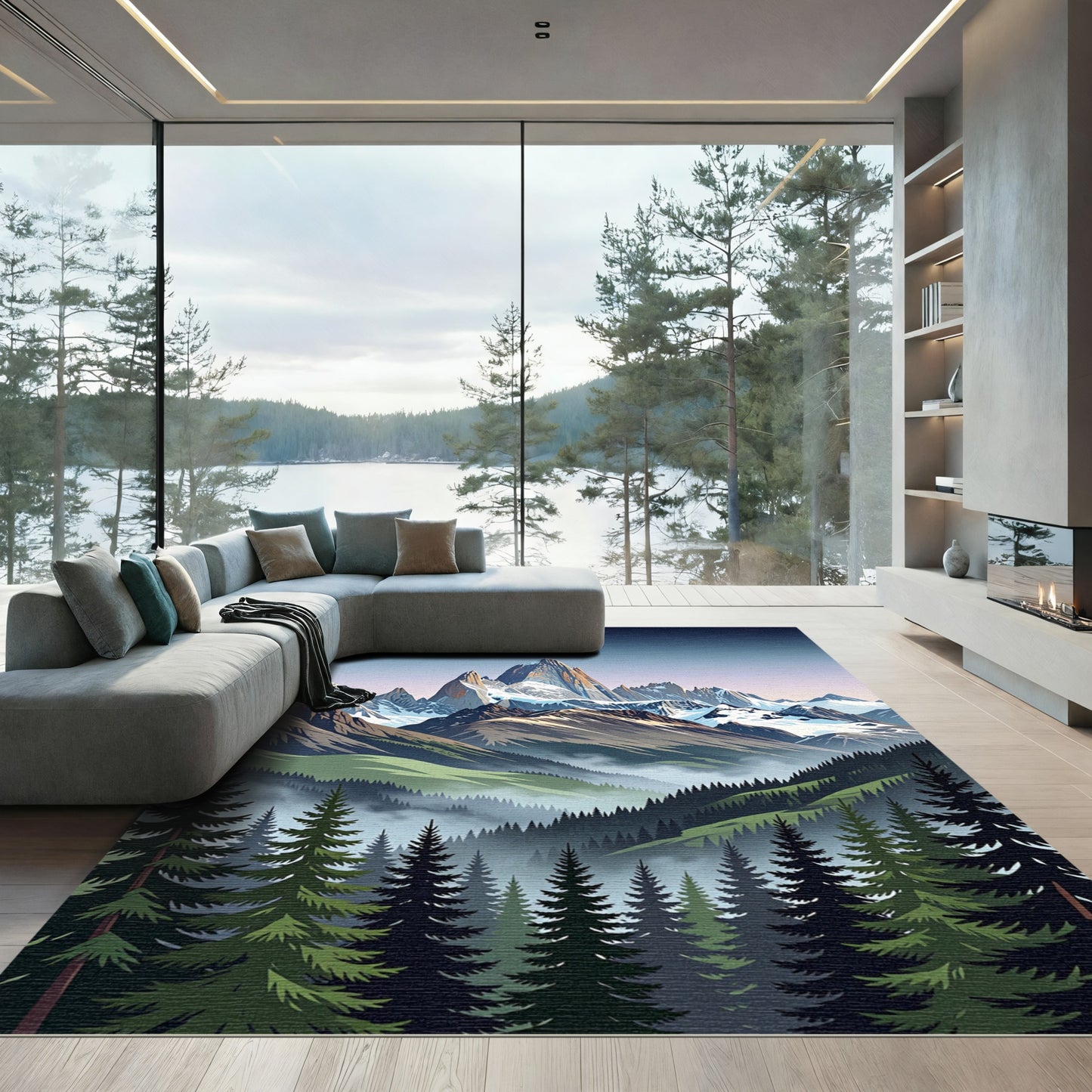 Misty Alpine Peak Mountain Landscape Rug