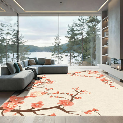 Coral Blossom Branches on Cream Rug