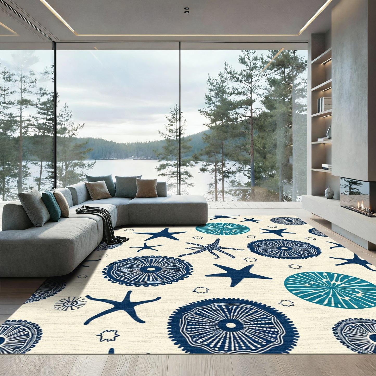 Navy Teal Starburst Medallion Seafloor Rug