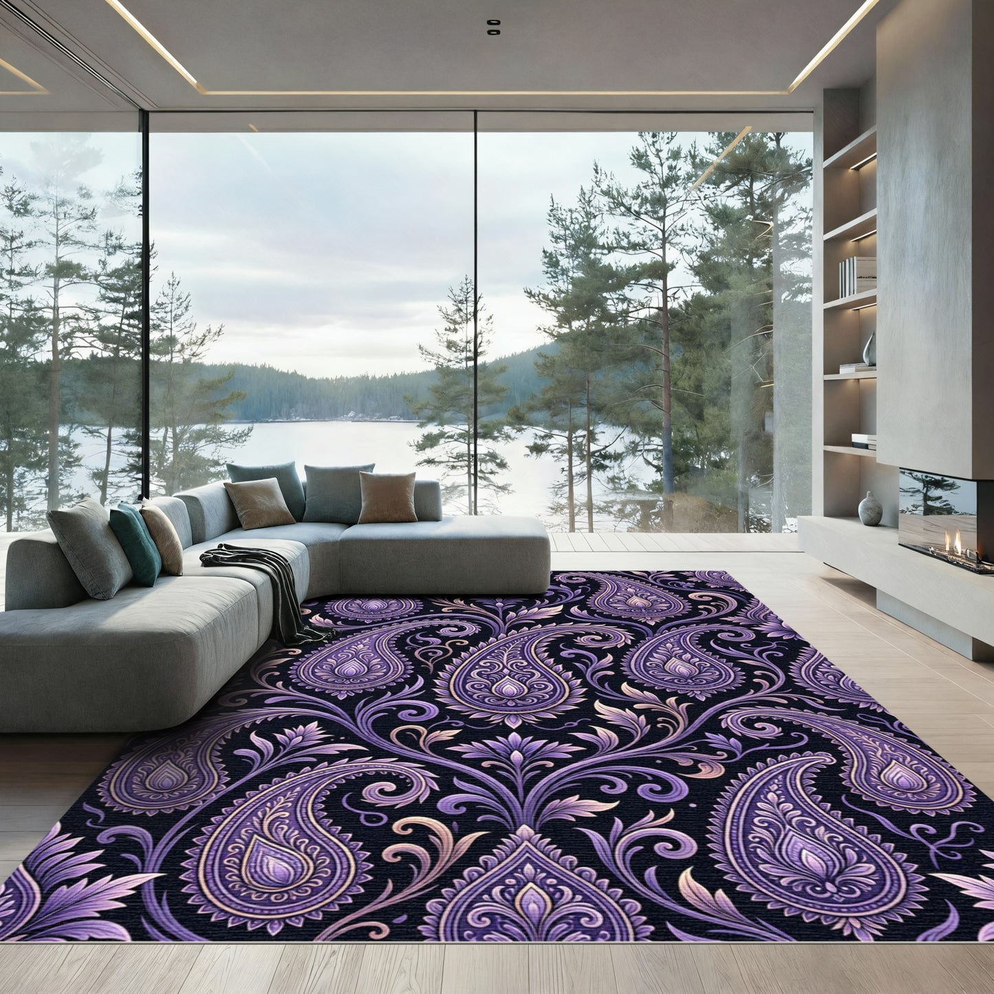 Ornate Purple Paisley Floral Swirl Rug