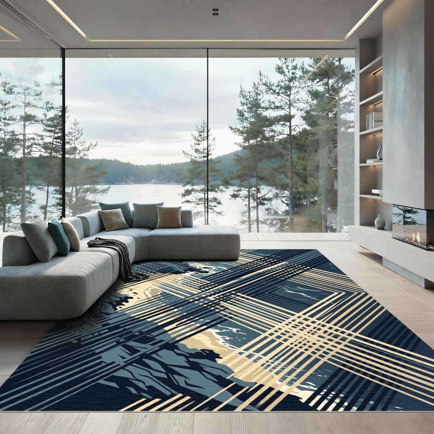 Abstract Navy and Cream Geometric Grid Rug