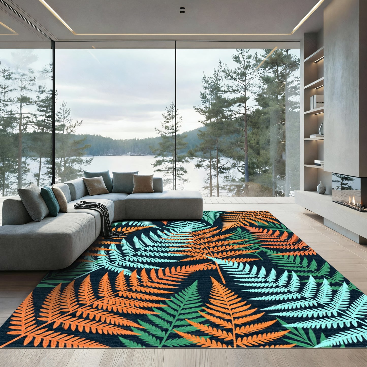 Orange Mint Green Fern Foliage Rug