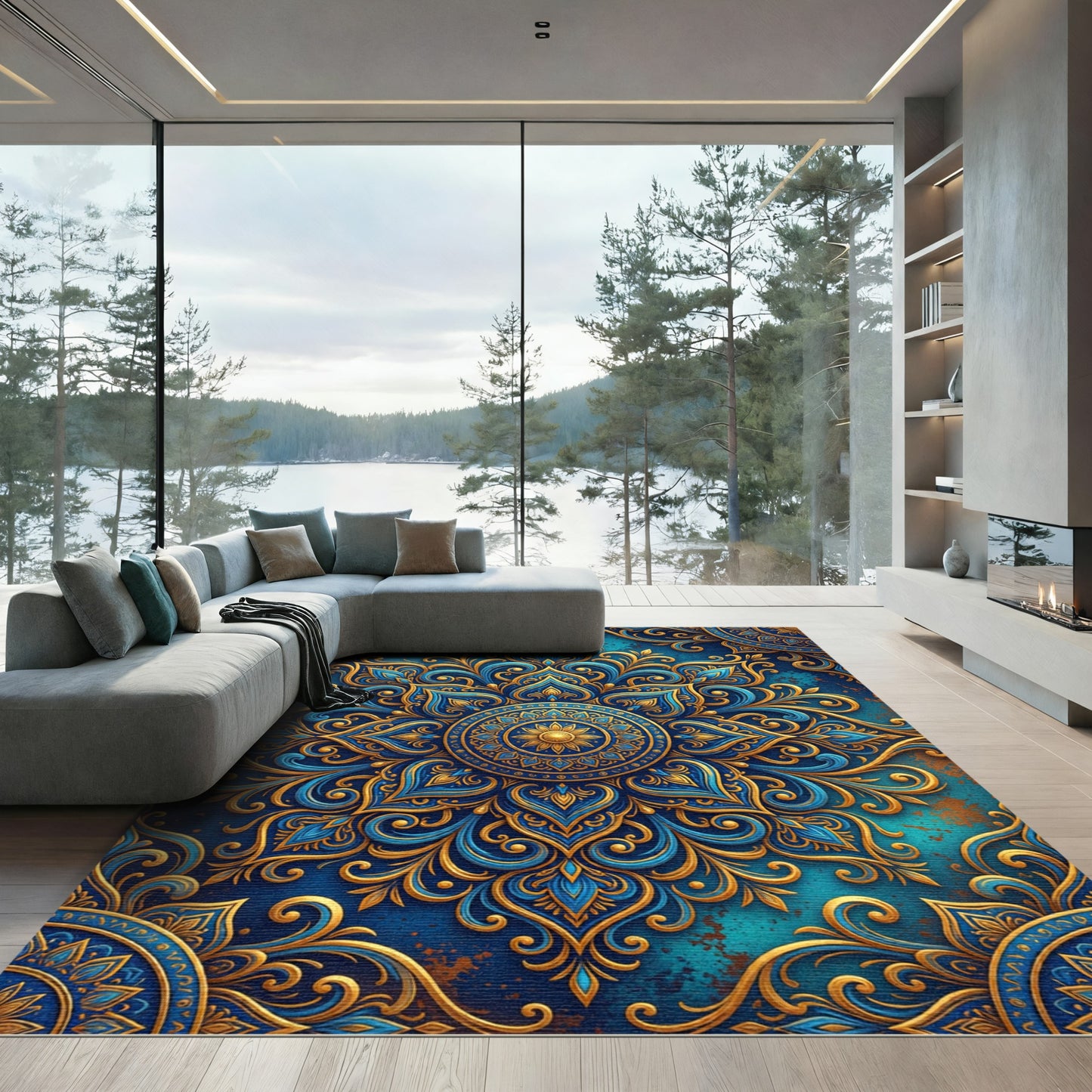 Opulent Golden Floral Medallion Blue Area Rug