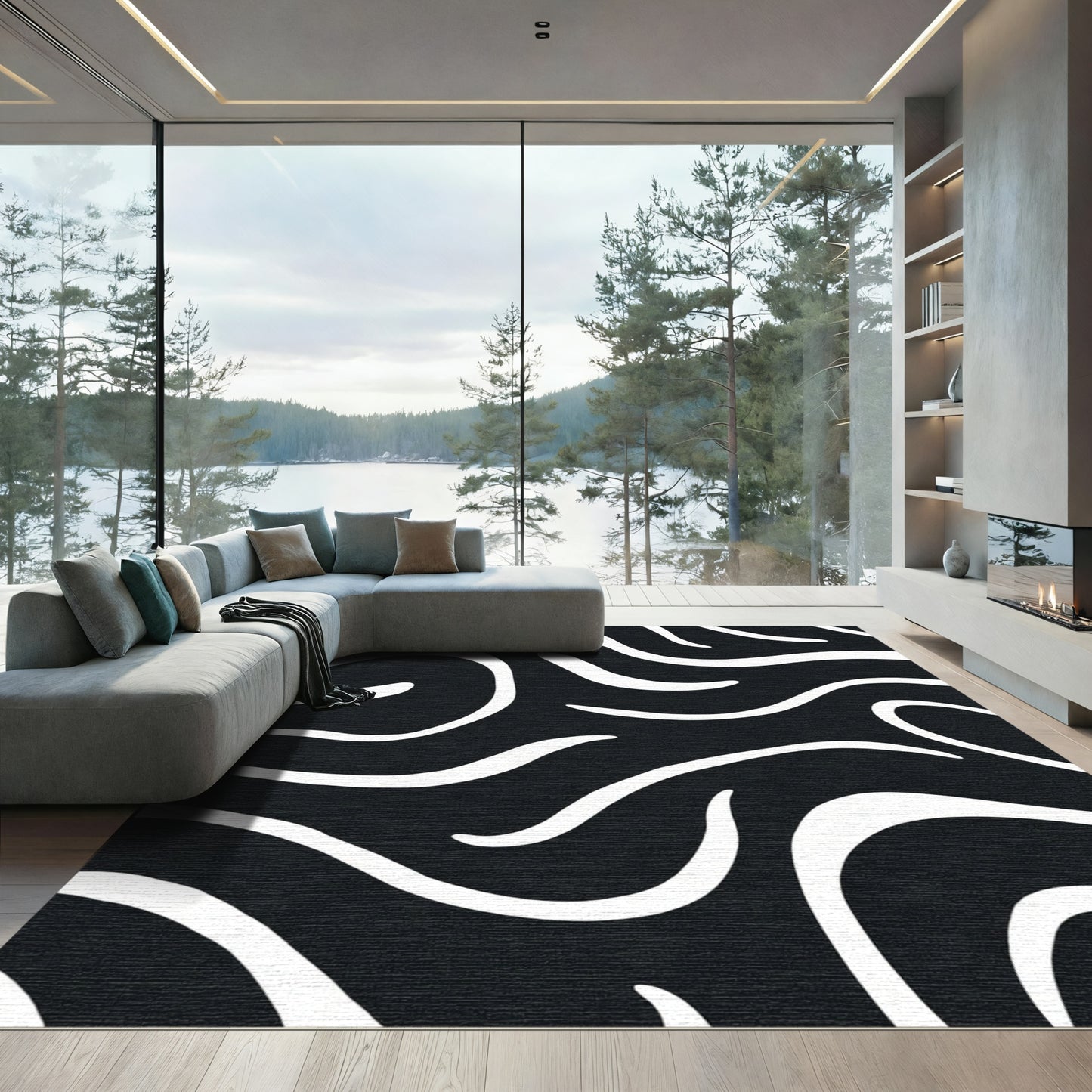 Chic Black White Abstract Swirls Rug