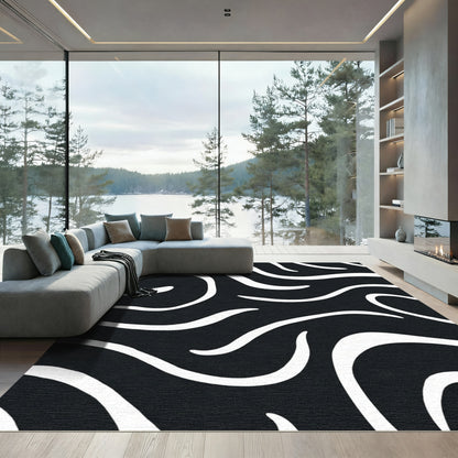 Chic Black White Abstract Swirls Rug