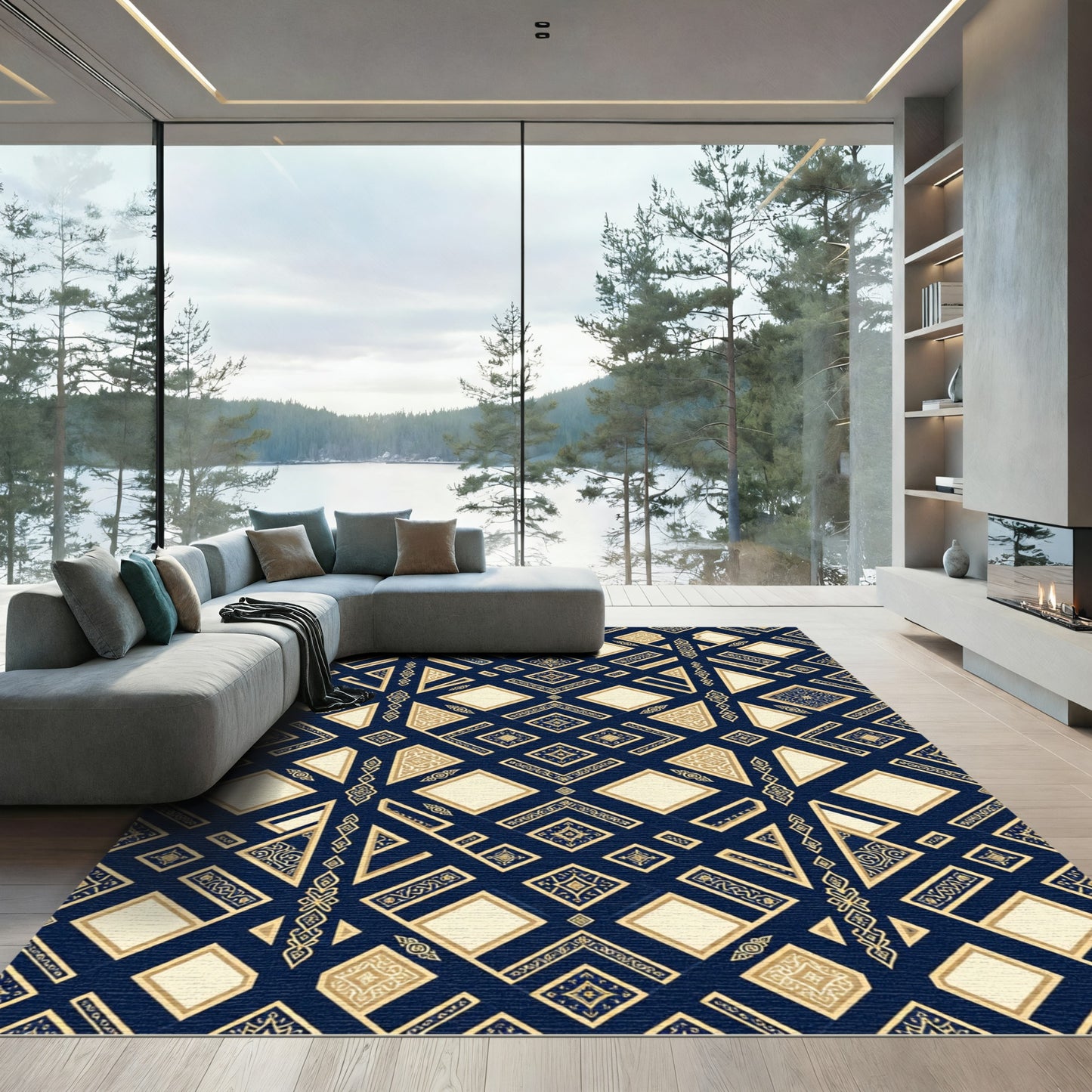 Gold Geometric Diamond Medallion Rug
