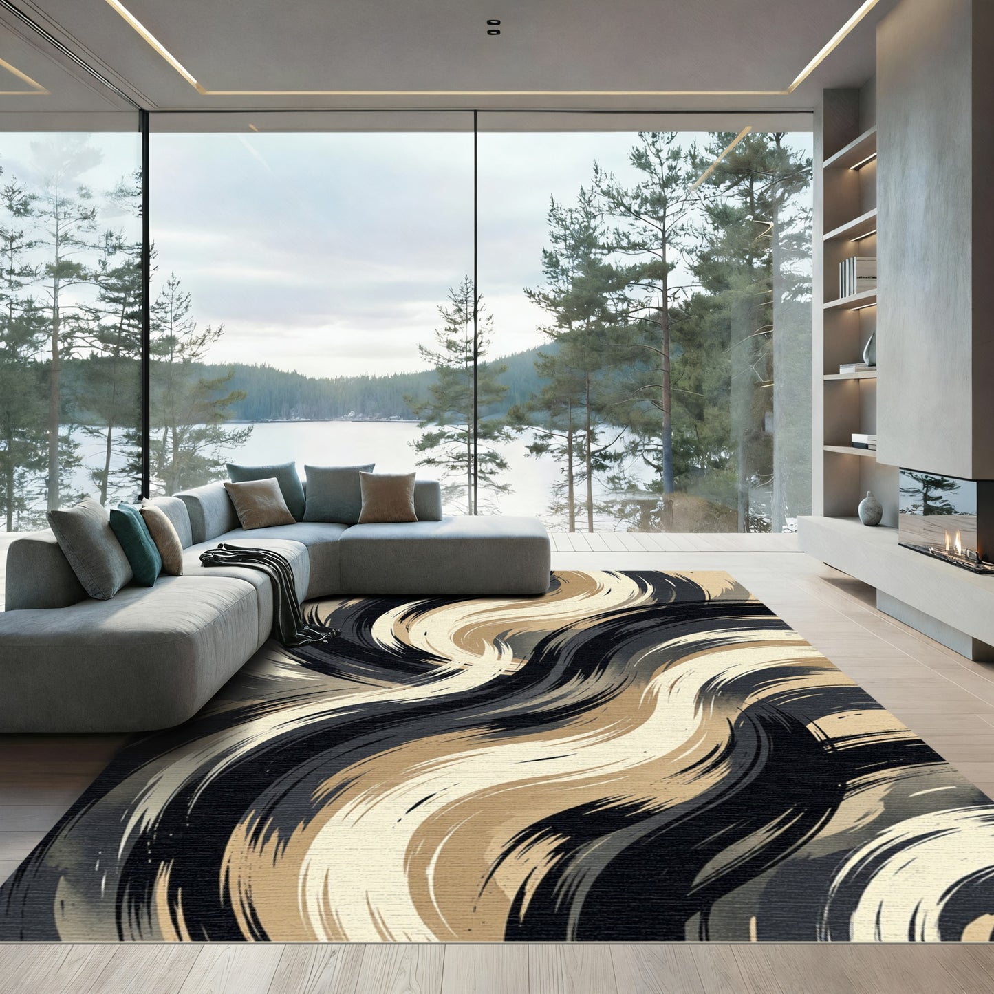Contemporary Black Tan Swirl Rug