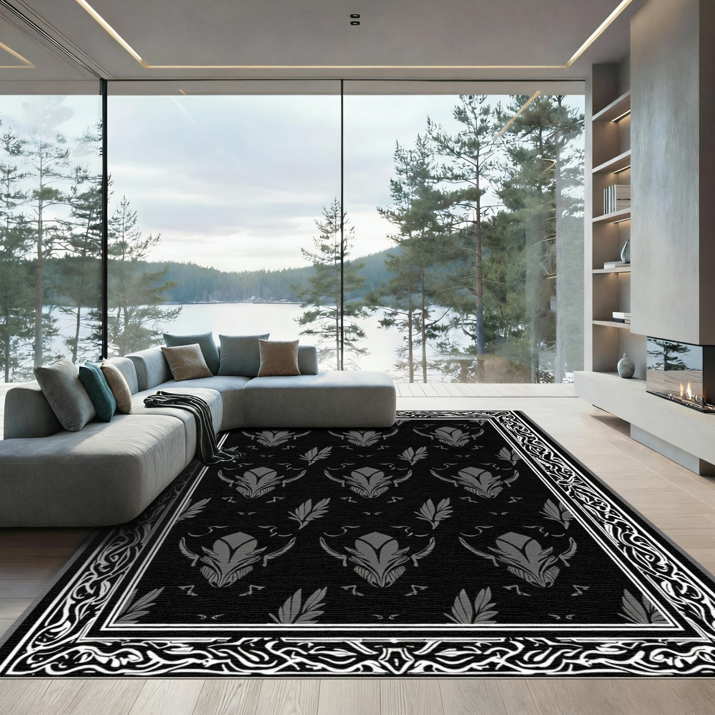 Dark Grey Floral Symmetry Border Rug