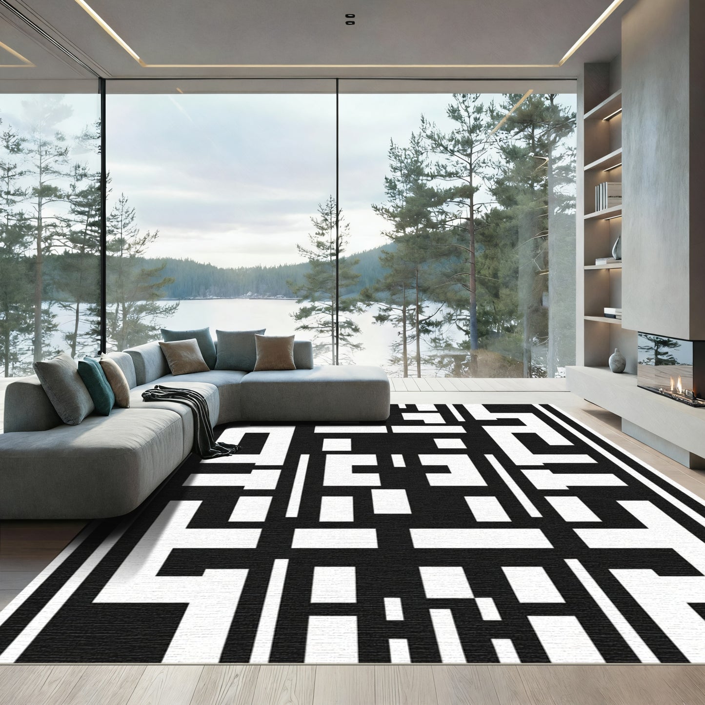 Bold Interlocking Black White Squares Rug