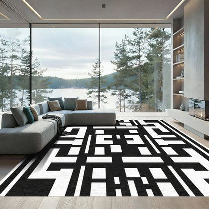 Bold Interlocking Black White Squares Rug