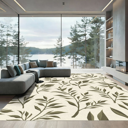 Olive Green Botanical Branch Pattern Rug