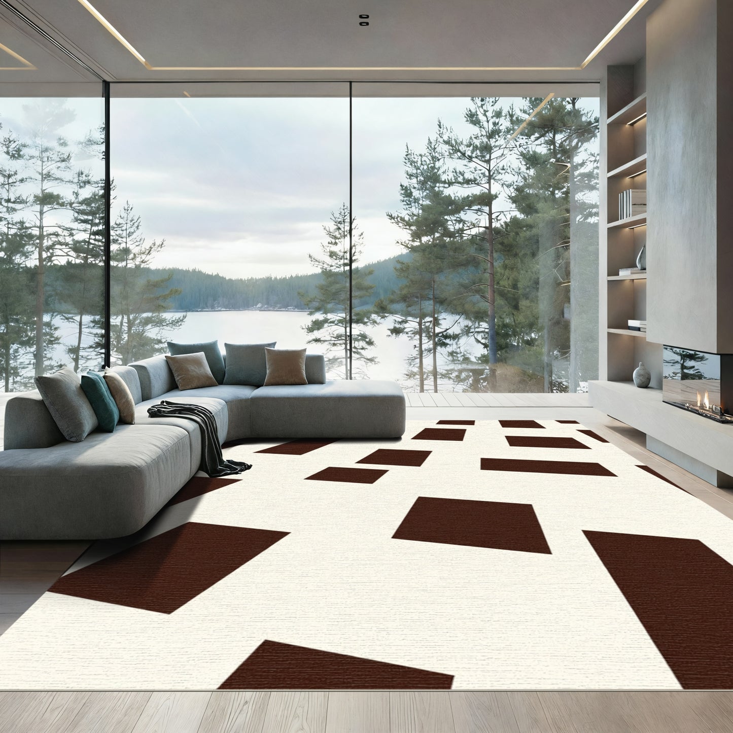 Geometric Dark Brown Abstract Squares Rug