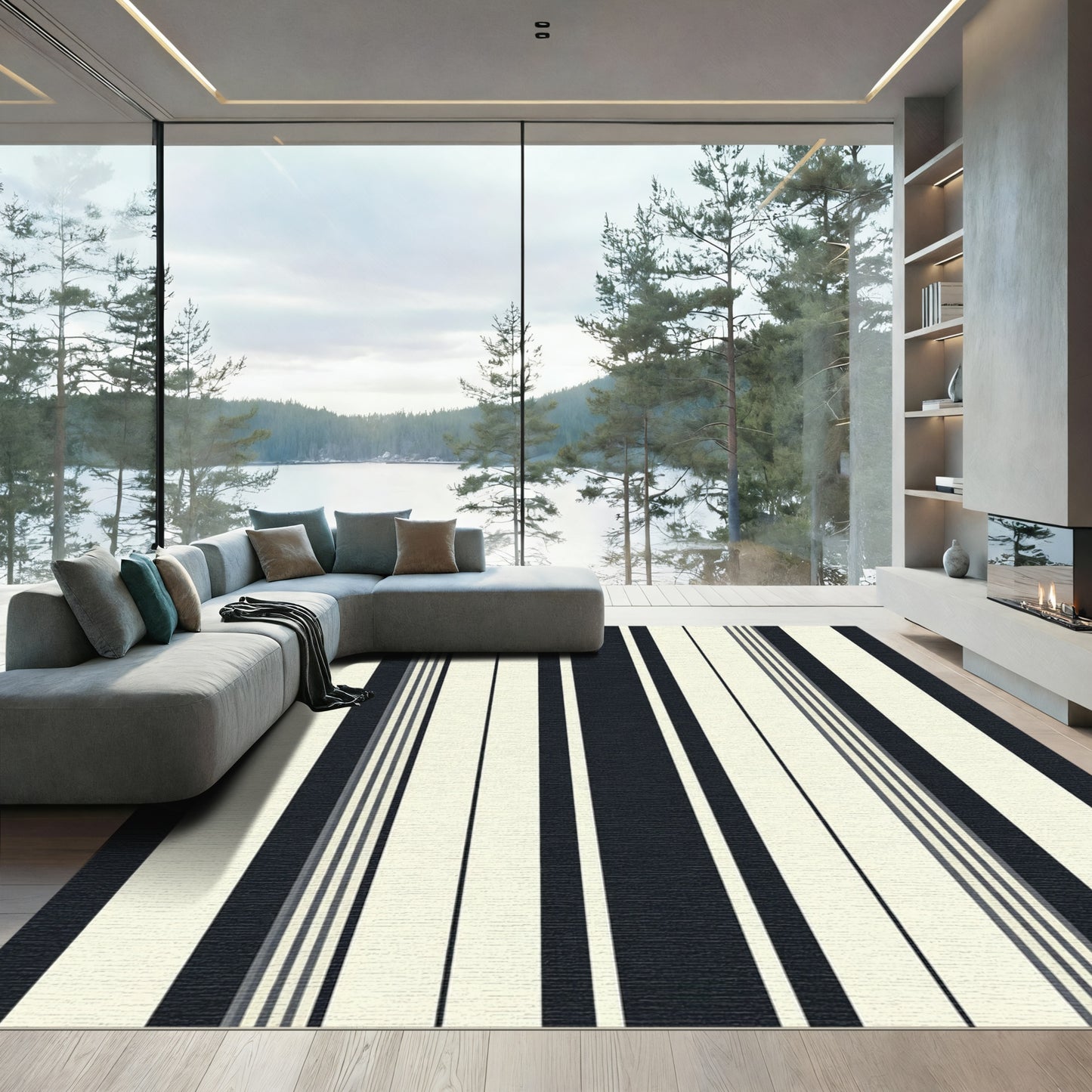 Deep Indigo Cream Vertical Stripes Rug
