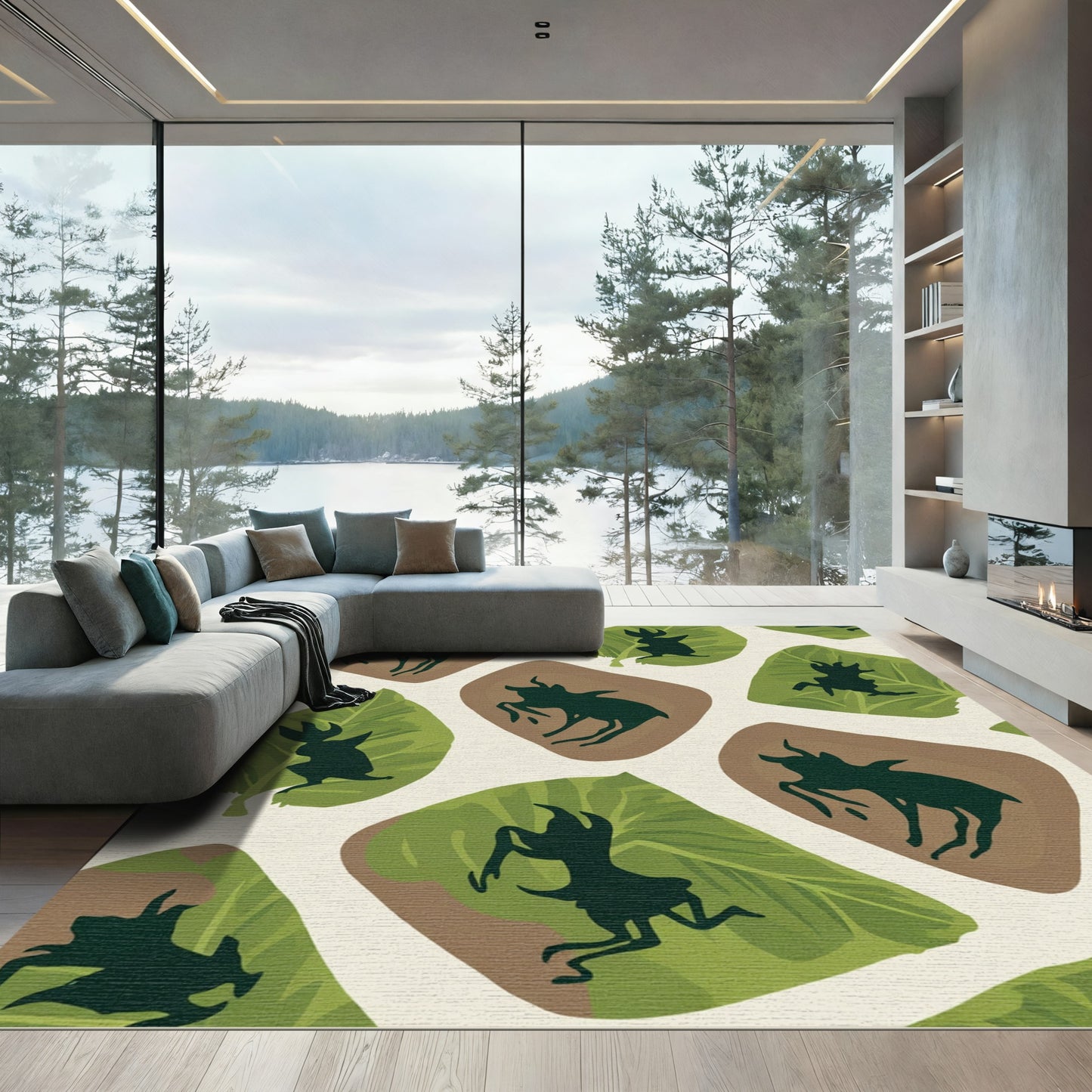 Whimsical Woodland Creatures Leaf Silhouette Rug