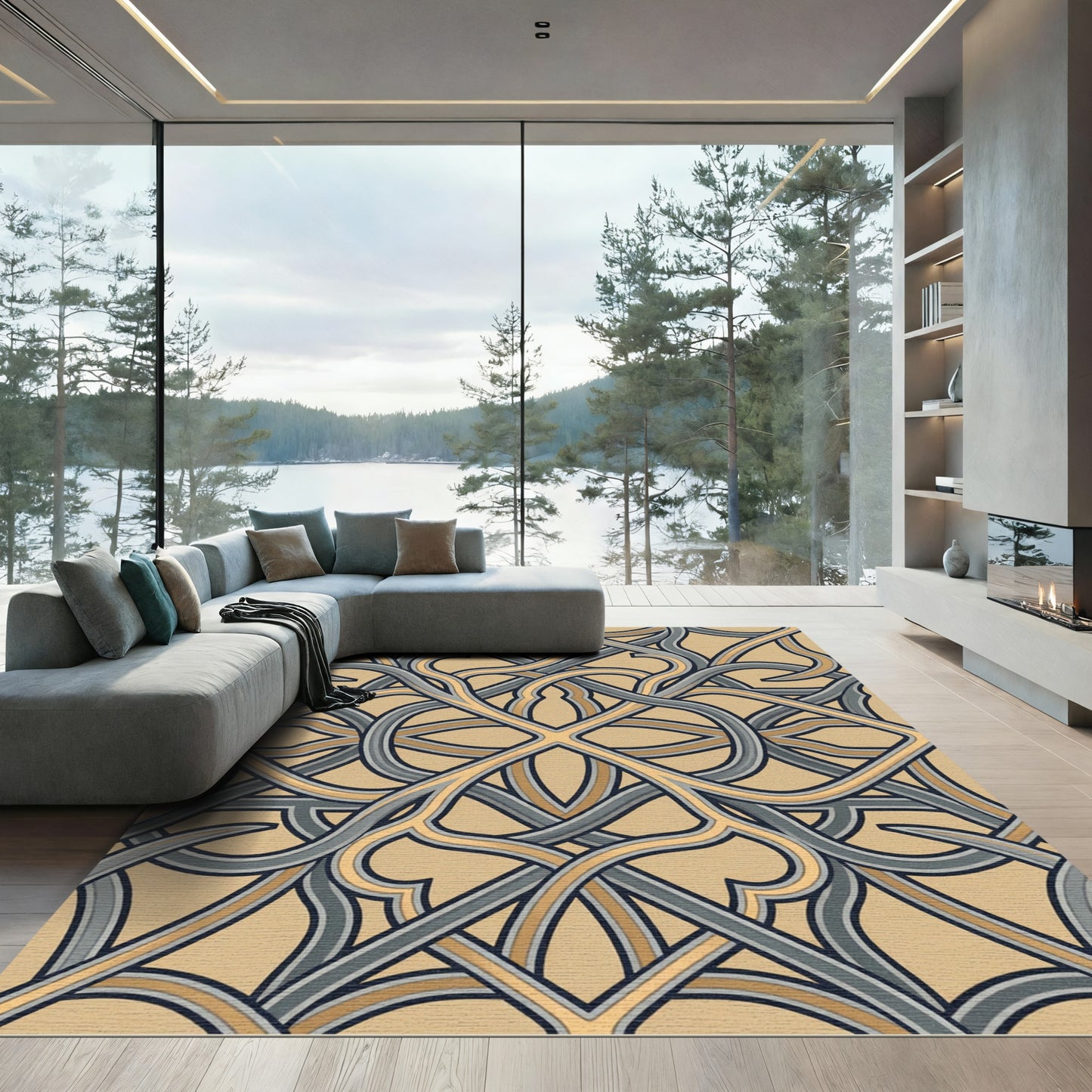 Interlocking Slate and Gold Lattice Overlap Rug