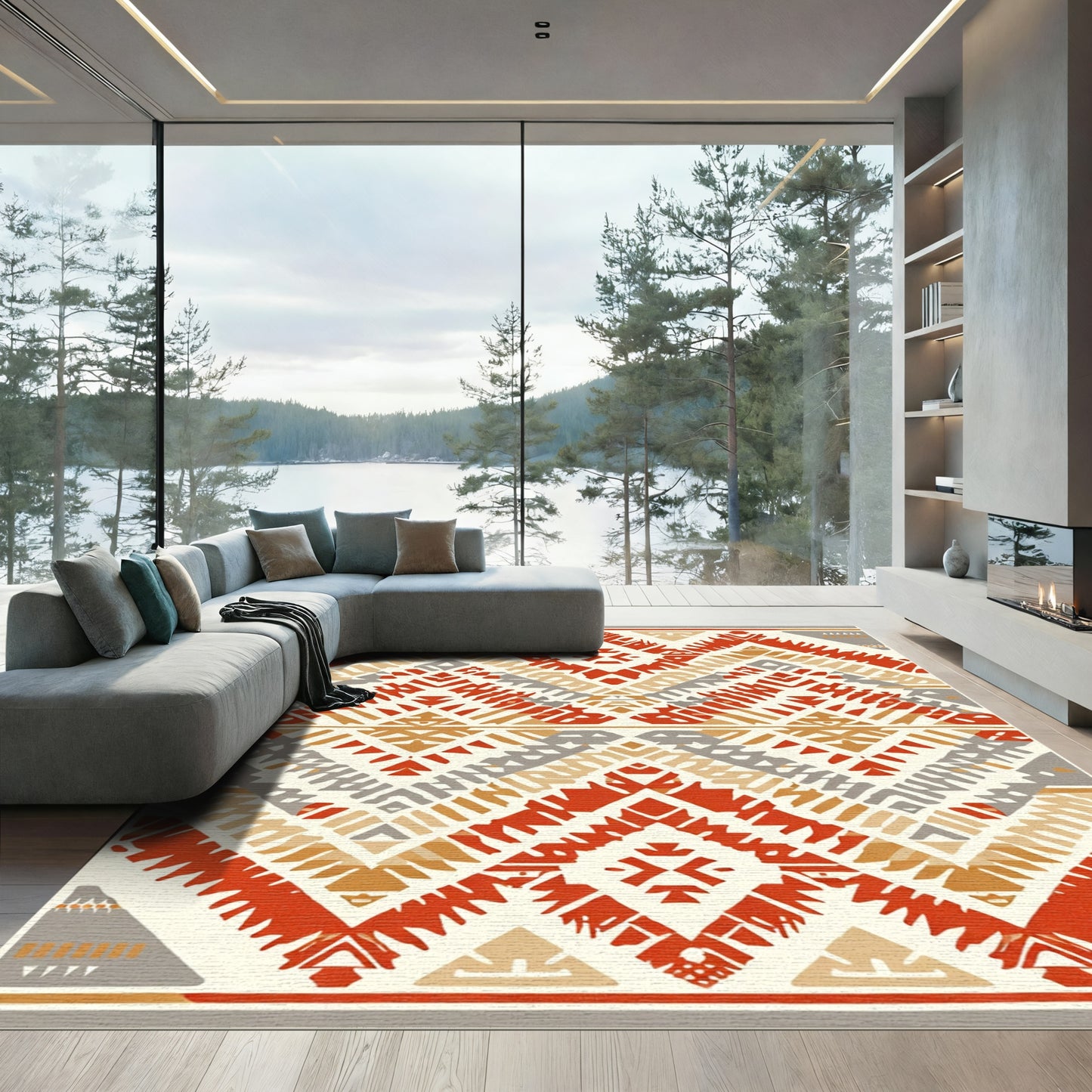 Coral Red Geometric Diamond Tribal Rug