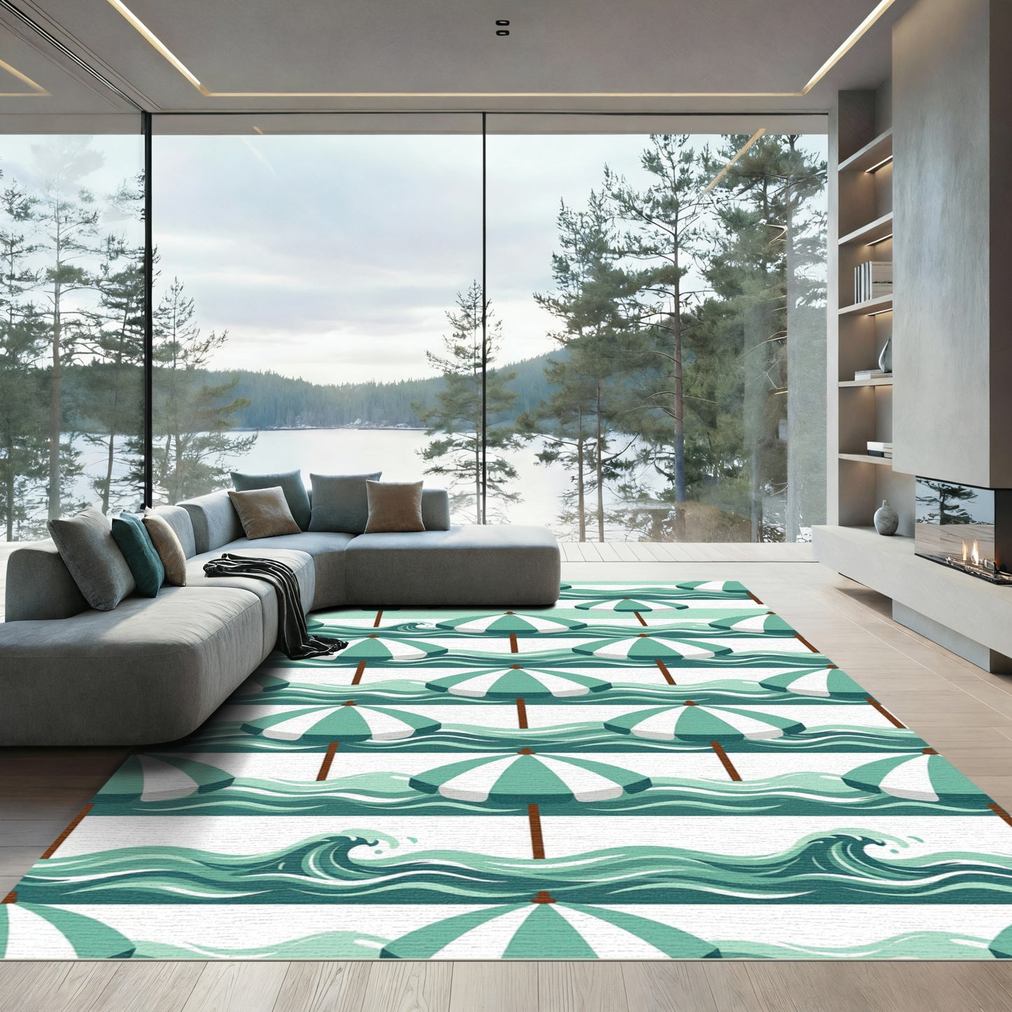 Aqua Summer Beach Umbrellas Waves Rug